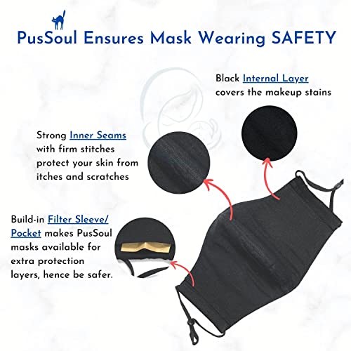 2 PCS | HANDMADE REUSABLE FACE MASK for Cat Lovers - A Black Washable Linen Cloth Face Masks Pack with Hand Embroidery Cat-loving Décor, Build-in Nose Wire & Breathable Designs – from PUSSOUL