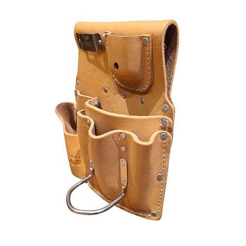 Genuine Leather Drywall Tool Pouch 3505R-TAN 8 Pocket Heavy Duty Top Grain Leather Drywall Pouch with Steel Hammer Loop & Tape Measure Clip - Fits Belts up to 2.5'