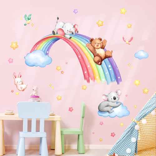 Tanlaby 43" X 43" Animal Rainbow Wall Stickers Bear Elephant Koala Rabbit Wall Decals Peel and Stick Clouds Stars Art Decor for Baby Nursery Kids Bedroom Playroom Daycare Classroom