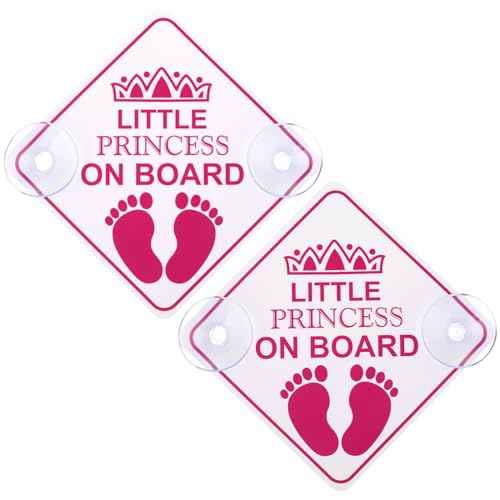 Amabro Little Princess on Board Warning Signs, 2pcs 5" x 5" Safety Car Bumper Sticker With Double Suction Cups, Reusable Baby in Car Decal, Pink