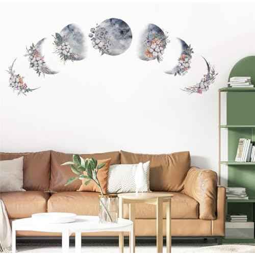 Moon Phase Wall Stickers, 7 Pieces Removable Moon Phase Plants Flower Wall Stickers Decals, Peel and Stick Modern Boho Stickers, Wall Art Decoration for Living Room Bedroom Kids Room Home Office Dorm