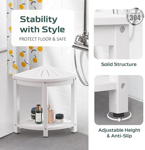 Corner Stool for Inside Shower Waterproof, HIPS Poly Lumber Shower Bench Seat Chair, Bath Shower Stool for Shaving Legs, Foot Rest with Adjustable & Non-Slip Feet, Load 400 lbs, White