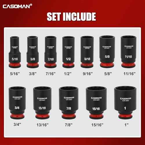 CASOMAN 12-Pieces 3/8" Drive Mid-Length Impact Socket Set, 12-Point, SAE, 5/16-Inch to 1-Inch, CR-MO Steel, with Storage Case