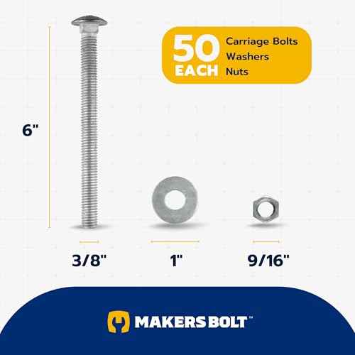 3/8" x 6" (50 Pack) Galvanized Carriage Bolt Kit, Grade 307A, Hot Dip Galvanized for Exterior Use by Makers Bolt