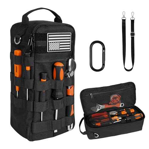 Portable Small Tool Bag, Heavy Duty Tool Pouch Bag with Shoulder Strap and D-ring Clip, Durable Waterproof Multiple Pockets Tool Hand Bag for Electricians, Carpenters, HVAC Technicians (Black)