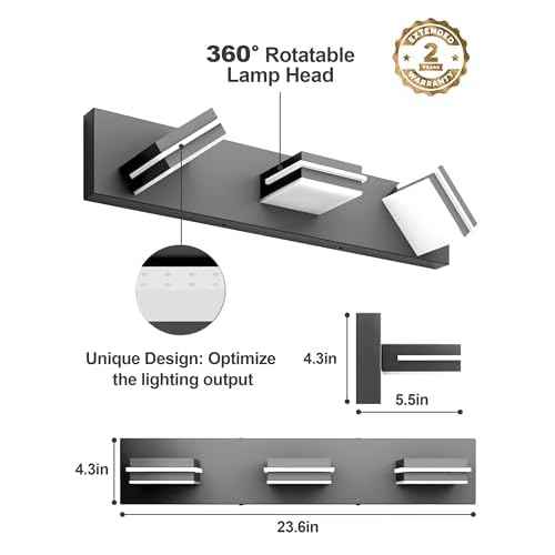 VOLISUN Modern Bathroom Vanity Light Fixtures (3-Light, 24-Inch), Matte Black LED Bathroom Lighting Fixtures Over Mirror, 360¡ÆRotable Head, LED Vanity Lights for Bathrooms (Cool White 6000K)