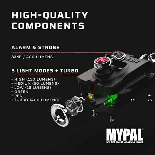NEBO MYPAL Rechargeable Keychain Flashlight & Safety Alarm | 400 Lumens, 7 Light Modes, Loud 115db Alarm, Durable & Water Resistant for Personal Security, Includes Charging Cable ? Black