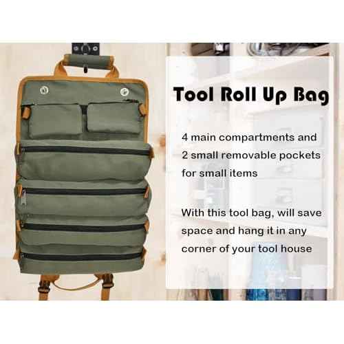 Tool Bag Roll Up, Bag Tool Organizers, Small Tool Bag W/Detachable Pouches, Heavy Duty Tool Organizer for Men Women(Green)
