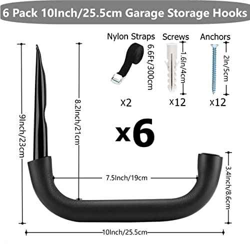 6 Pack Heavy Duty Garage Storage Ladders Hooks, 10 Inch Wall Mount Storage Garage Hangers for Bikes, Garden Tools, Chair, Hose