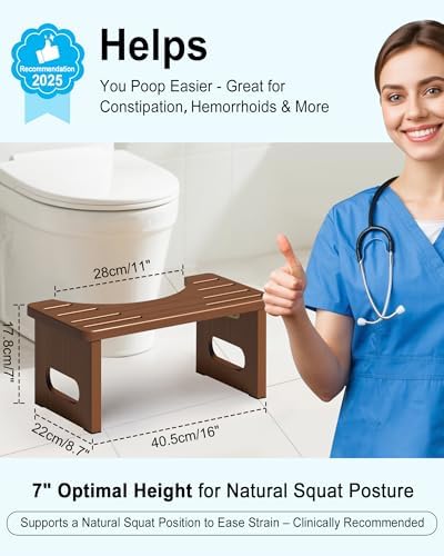 Foldable Toilet Stool, 7 Inches Bamboo Toilet Stool Squat for Adults, Collapsible Poop Stool for Bathroom, Potty Step Stool with Non-Slip Strip (Tawny)