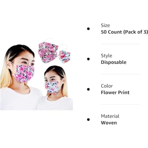 Disposable Floral Print Safety Mask 3 Layer Protection Face Mask for Adults 50 pcs (Rose print)