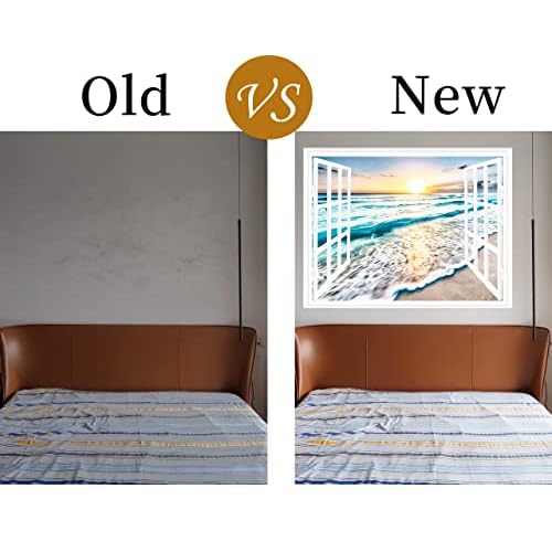 FLFK Fake Window Wall Sticker - Sunset Beach Faux Window Wall Mural for Wall Decor, Stick and Peel Wall Decals,16"x24"