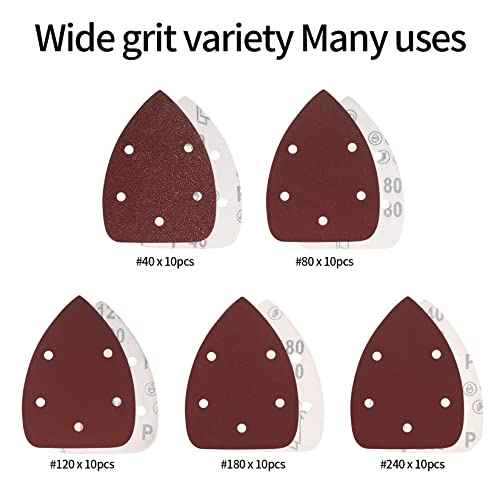 50 Pcs Mouse Detail Sander Sandpaper, 40/80/120/180/240 Grit Hook and Loop 140mm Mouse Sander Pads, Sander Replacement Pads, Assorted Triangle Sandpaper for Detail Mouse Sander