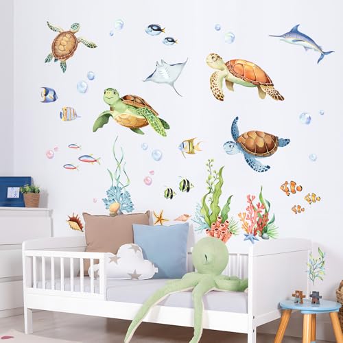 Under The Sea Wall Decals, Sea Turtles Jellyfish Wall Stickers Rays Coral Seaweed Peel and Stick Wall Decal Self Adhesive Wall Art Sticker for Baby Nursery Kids Room Home Decor