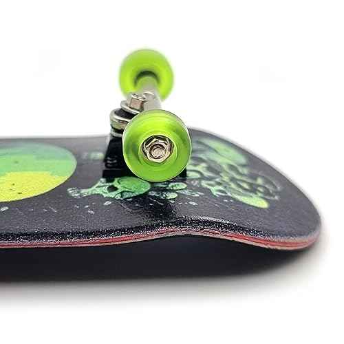 SPITBOARDS¢ç 32 x 96 mm Fingerboard Complete Wood Set-Up Assembled, Silver Trucks with Bushings and Nuts, CNC Bearing Wheels in Transparent Green, Lasered Grip Tape Lime Green Skull and Bones