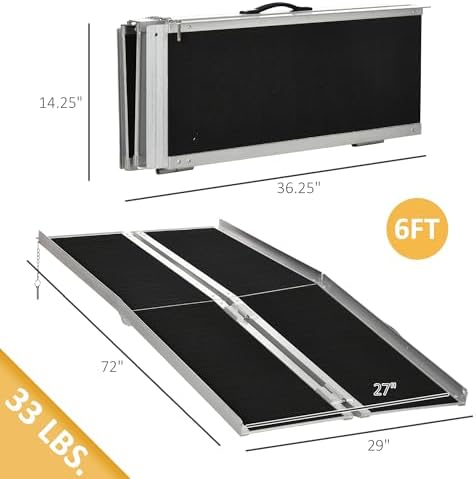 HOMCOM Wheelchair Ramp 6FT, Folding Aluminum Threshold Ramp with Non-Slip Surface, Transition Plate, 594lbs Weight Capacity for Home, Doorways, Curbs, Steps