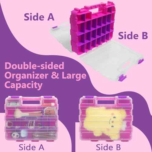 Pink Tools Box, 50-Compartment Double Side Small Parts Storage Box with Removable Plastic Dividers for Hardware, Beads, Hair Accessories and More