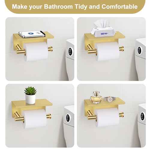 Brushed Gold Bathroom Hardware Set, 5 Pieces Gold Towel Bar Bathroom Accessories, Upgraded Toilet Paper Holder with Shelf Set, 23.6 Inch Towel Rack Towel Holder for Bathroom Wall