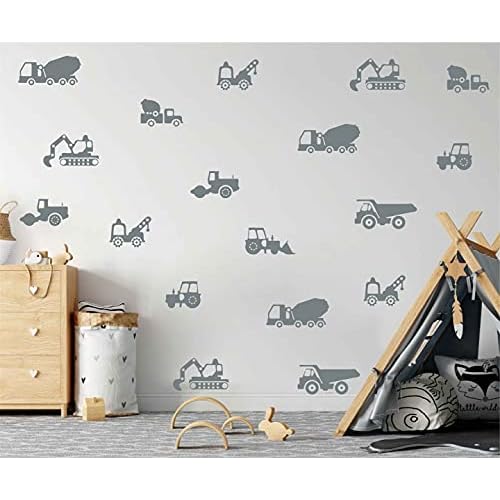 Construction Vehicles Wall Stickers The Builder Collection Tractor Excavator Cars Nursery Decals Baby Decor YT5319 (Grey)
