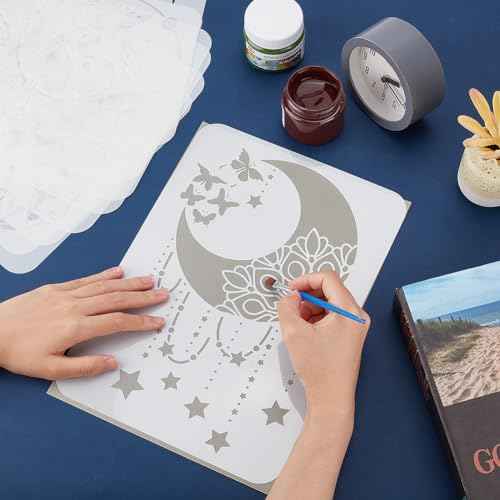 INFUNLY 9PCS/Set Sun Moon Wall Stencils for Painting 12x8 Mandala Tile Stencil Large Flower Star Concrete Floor Stencils Reusable Drawing Template for Painting Wood Canvas Furniture Patio Home Decor