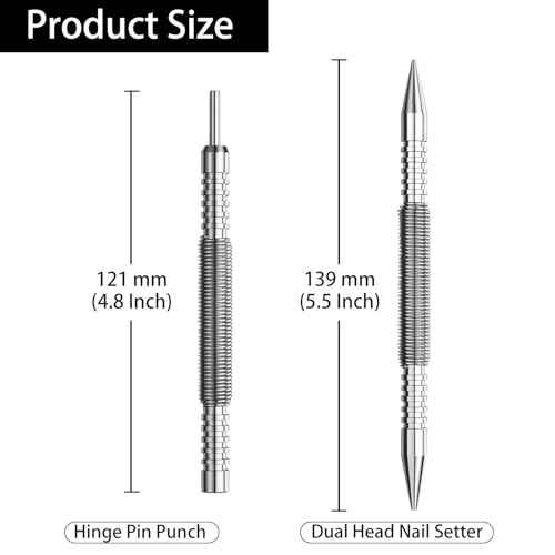 2PCS Dual Head Nail Setter and Hinge Pin Punch Set, 3/32" & 1/16" Hammerless Spring Loaded Nail Punch Tool Spring Nail Set 5000 PSI Striking Force Hinge Pin Removal Tool for Metal or Wood