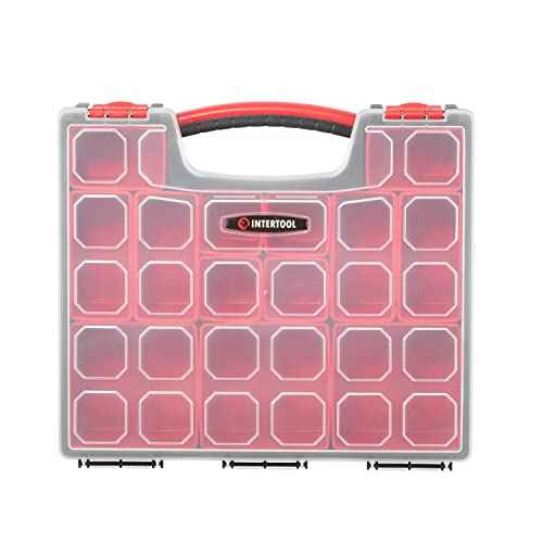INTERTOOL Hardware Organizer with 13 Removable Bins - Small Parts Storage Tool Box for Nuts, Bolts, Screws, Nails - Portable Handle Transparent Lid with Locks BX08-4031