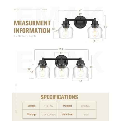 Emak Modern Black Bathroom Lights, Farmhouse Vanity Lighting Fixtures with Clear Glass Shade, 2-Light Vanity Lights for Bathroom, Makeup Desk, Mirror, VL122-BK-CG-2