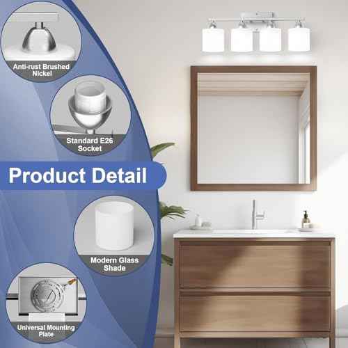 Bathroom Lighting Fixtures Over Mirror, Anti-Rust Vanity Light Fixture for Bathroom, Modern 4-Light Wall Sconce Light for Living Room, E26 Base, Milky White Glass Shades, Bulbs Not Included