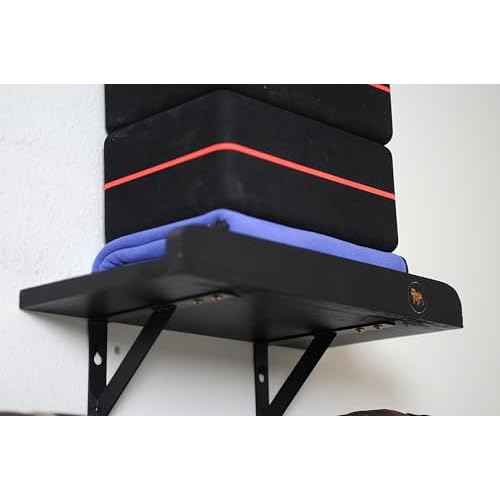 Olivia and Lily Wall-Mounted Yoga Mat Rack with black wood shelf - Organizer for Yoga Mats, Resistance Bands, and Accessories - Home Gym Storage Solution
