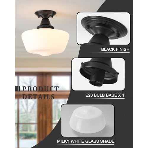 Schoolhouse Light Fixture, 12 Inch Black Finish with Milk Glass Semi Flush Mount Ceiling Light, Ceiling Light Fixture for Kitchen Hallway Entryway