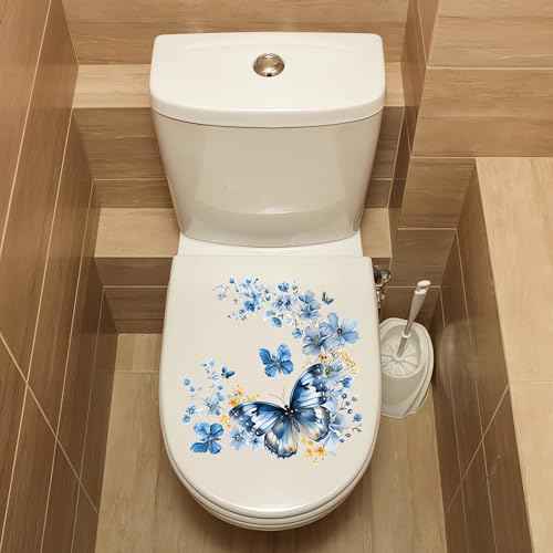 2 Sheets Blue Butterfly Flower Toilet Stickers, sacinora Butterflies Art Toilet Lid Decals Removable Vinyl Peel and Stick Wall Stickers for Bathroom Restroom WC Bathtubs Door Furniture Home Decoration