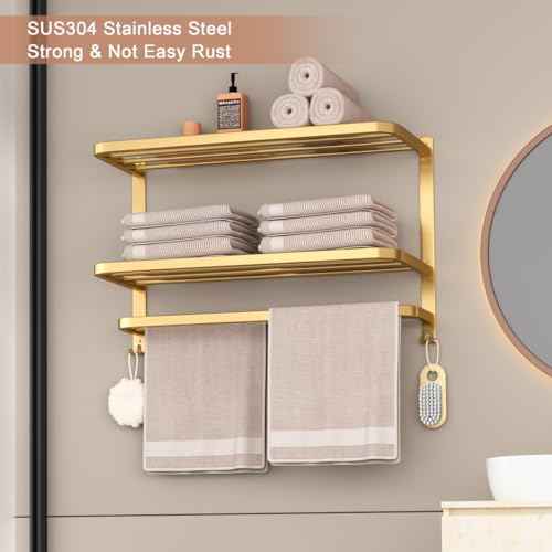 DDS-DUDES 23 Inch 3-Tier Gold Towel Racks for Bathroom with Towel Bars Multilayer Hotel Towel Shelf Stainless Steel Wall-Mounted Brushed Finish Holder with Towel Shelves