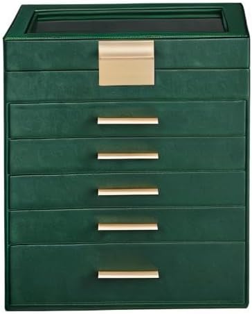 SONGMICS GISELLA Collection - Jewelry Box Organizer, 6-Layer Jewelry Storage with 5 Drawers, Shiny Metal Hardware, Glass Lid, Modern, 6.4 x 9.9 x 11.4 Inches, Forest Green and Gold Color UJBC171C01