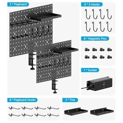 CCCEI Set Desk Organizer and Storage Pegboard with Charging Station, Gaming Standing Office Supplies Shelf Accessorie, Black Desktop Clamp Peg Board Privacy Organization Panel. Gifts for Men, 6FT.