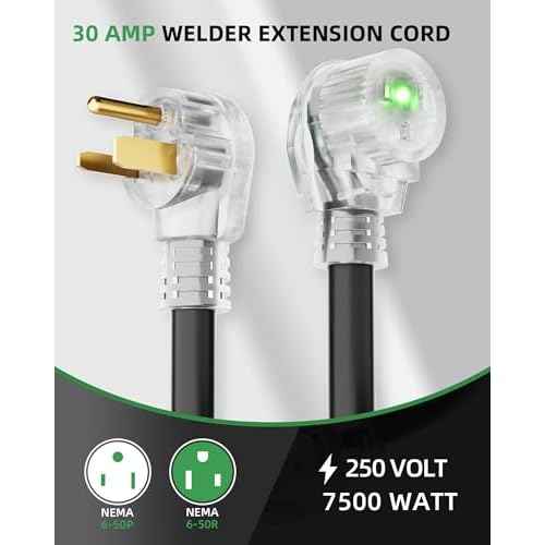 25ft 250V Welder Extension Cord, 10 Gauge Heavy Duty Outdoor Welding Cord with LED Indicator, NEMA 6-50P to 6-50R, 30 Amp 3 Prong Power Extension for Welding Machines, 10 AWG SJTW, Black