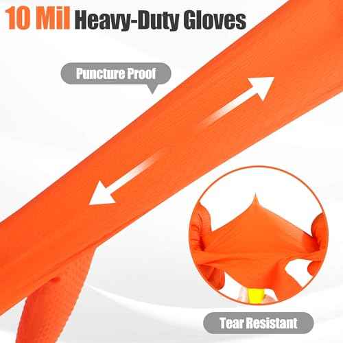 TREEGO 10 Mil Orange Nitrile Gloves Large ? Heavy Duty Disposable Latex & Powder Free, Chemical Resistant, Diamond Grip for Industrial, Automotive, Cleaning ? 100 Count