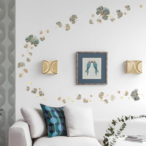 11.8 x 7.9 Inch Ginkgo Leaf Wall Decals Spring Themed Wall Stickers Ginkgo Leaf Foil Stamping Stickers Peel and Stick Modern Art Wall Sticker DIY Mural Decor for Home Living Room Bedroom Office