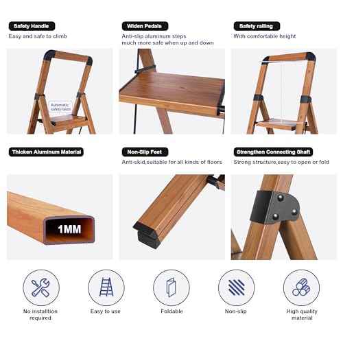 Step Ladders Folding 2-Step Woodgrain Finish Aluminum Foldable Step Stool,Anti-Slip Portable Sturdy for Home & Kitchen Office 330 lbs