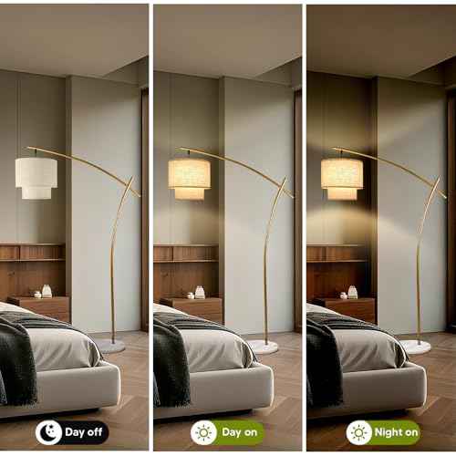 Lightdot Arc Floor Lamp for Living Room, Modern Standing Tall Lamps with Double Linen Lampshade, Tall Hanging Pole Lamp with Stable Metal Base & Foot Switch for Bedroom Home Office-Gold