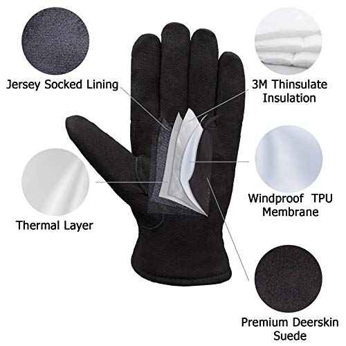 SKYDEER 3M Thinsulate Thermal Winter Work Gloves with Windproof Premium Genuine Deerskin Suede Leather (Unisex)