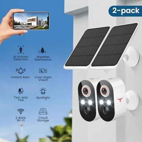 1080p Wireless Security Camera with Solar Panel, AI Human Detection, 2-Way Talk, Night Vision, Cloud Storage (Sold Separately), Battery Included, Home Security, 2.4GHz WiFi Only (2 Pack)