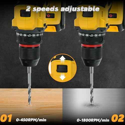 Cordless Drill Driver, Electric Drill for Dewalt 20V Battery, Brushless Driver with 2 Variable Speeds, 25+1 Torque, 3/8" Keyless Chuck, 60N.M for Home Repairing(No Battery)