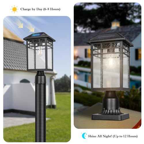Solar Outdoor Post Light Fixture, Modern Exterior Pillar Lantern with Black Finish & Seeded Glass, Dusk to Dawn Outside Pole Light for Garden, Backyard, Courtyard, Patio, Pathway