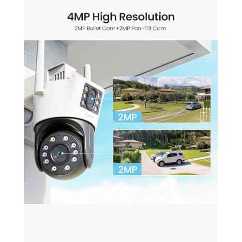 ZOSI C298 4MP Dual-Lens(2MP+2MP) Wired WiFi PT Plug-in Security Camera Outdoor, 360 View Pan/Tilt Camera, Human/Vehicle Detect, Color Night Vision, Spotlight Siren,Two-Way Talk, Memory Card Storage