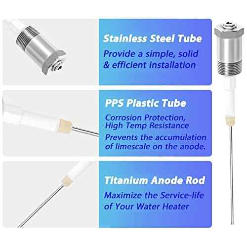 Podoy Powered Anode Rod for Hot Water Heater, Stops Corrosion and Eliminates Rotten Egg Smell for 30-80 Gallon Water Tank Except Bradford White, Titanium Electric Anode Rod Replacement Universal 9.4"