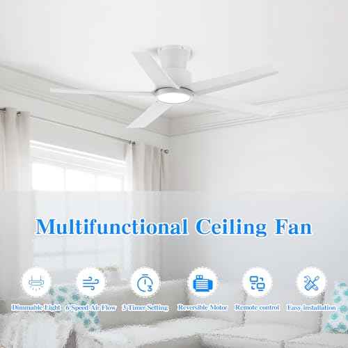 ocioc 44 inch Ceiling Fans with Lights and Remote, Dimmable Ceiling Fans with Reversible Quiet DC Motor, Flush Mount, 3CCT, White Ceiling Fan for Bedroom Living room Indoor/Outdoor
