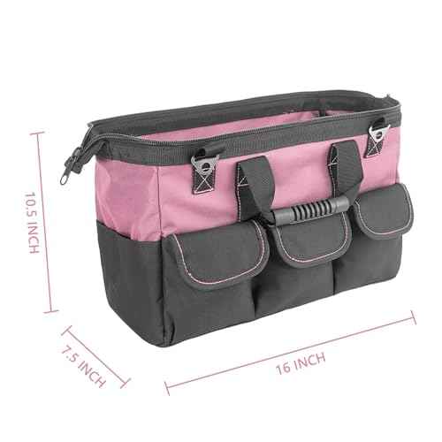 Women Heavy Duty Tool Bag Storage Organizer for Tools,16 x 7.5 x 10.5 inches,50 Pound Capacity, 600D Polyester Fabric (Pink)