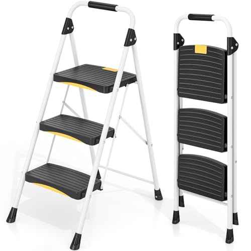3 Step Ladder, Folding Steel Step Stool with Safety Lock, Anti-Slip Wide Pedals, Pass 800lbs Load Testing, Handrail, Heavy Duty Portable Ladder for Multi-Purpose, Indoor, Office, Kitchen