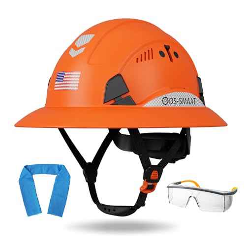 Construction Wide Brim Hard Hat,Full Brim Hard Hat ANSI Z89.1 Type 1 & OSHA Certified Safety Helmet with Glasses, with 6-Point Suspension & 4 Ventilation Ports