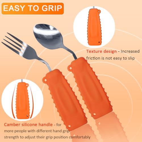 Adaptive Utensils,Curved Angled Spoon and Fork Set,for Tremors Parkinsons Limited or Elderly,Lightweight Cutlery with Non-Slip Easy Grip Handles (Right Hand Spoon and Fork Set,Pack of 2,Orange)